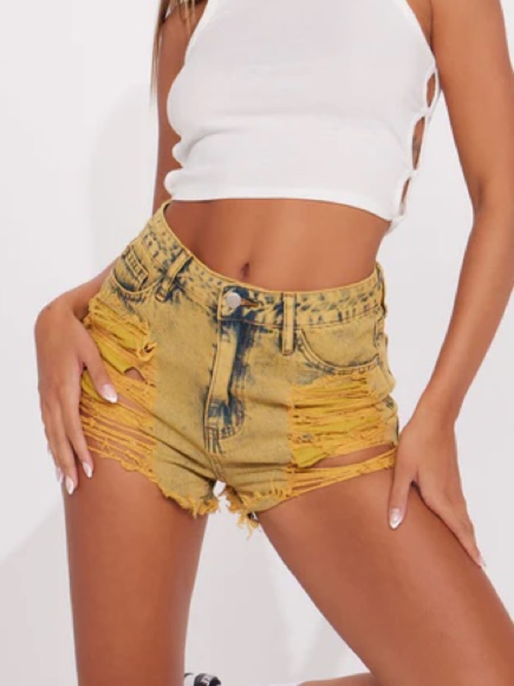 Fashion Nova Distressed Yellow-Green Acid Wash Denim Shorts